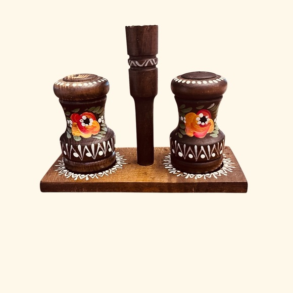 Vintage Hand-Painted Wooden Salt and Pepper Shaker Set with Holder, Folk Art - Picture 1 of 9